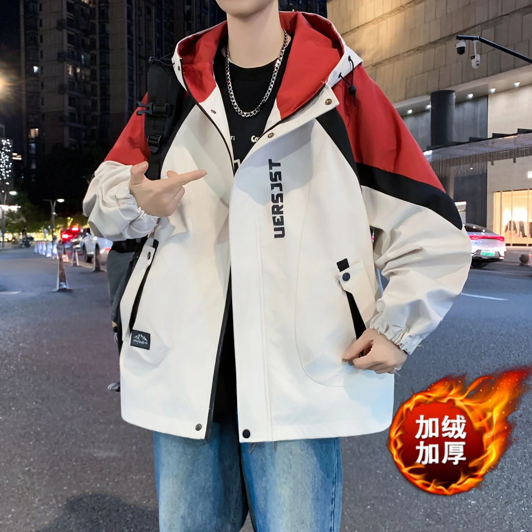 啄木鸟加绒加厚保暖青少年连帽男士夹克学生休闲百搭棉衣棉服外套