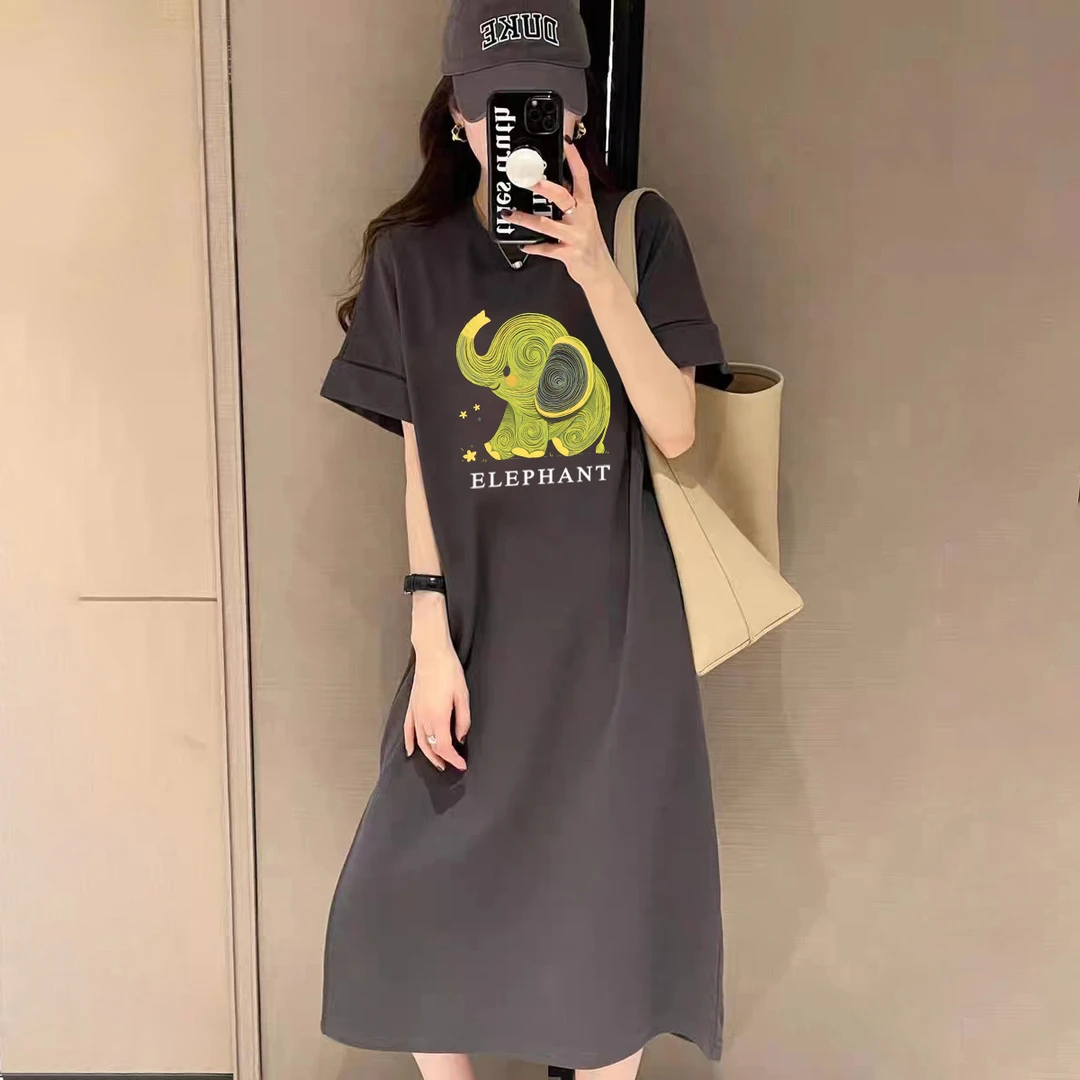 长款短袖连衣裙遮肉显瘦夏季新款韩版宽松开叉长t裙懒人裙T恤裙女