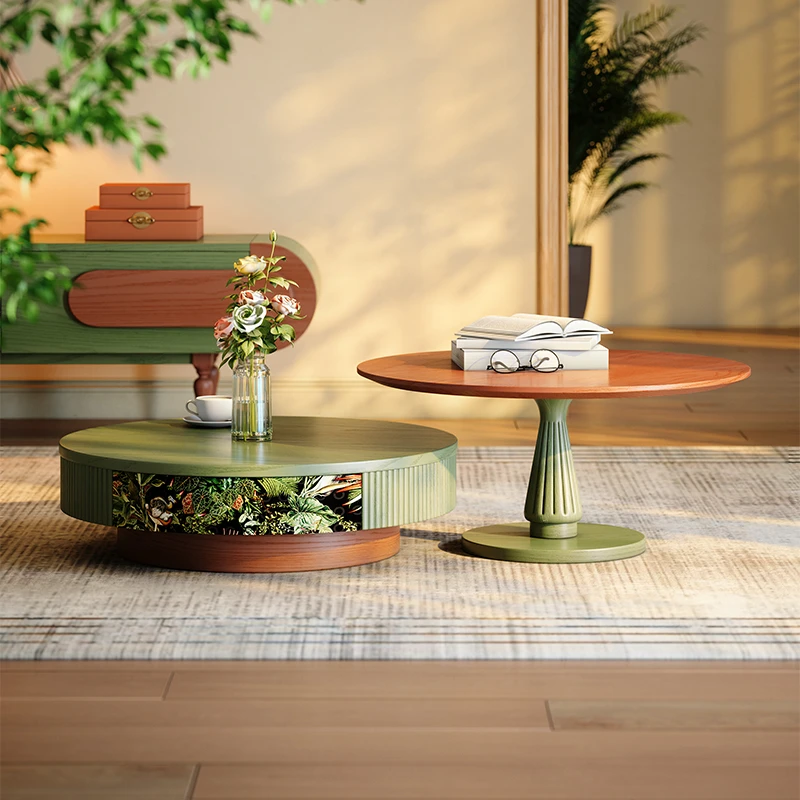 木子鱼 法式复古中古风茶几实木小户型圆形茶几客厅家用茶几组合