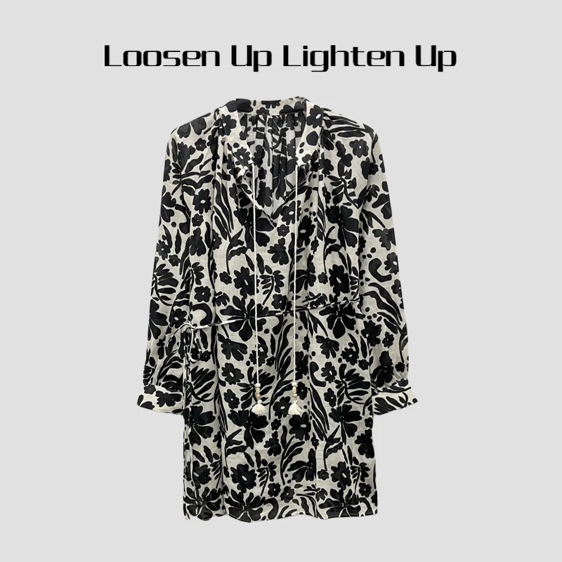 Loosen Up【花影】波西米亚度假风V领长袖苎麻印花中长衬衫/连衣裙