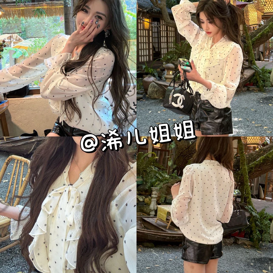 荷叶边波点衬衫绑带宽松上衣