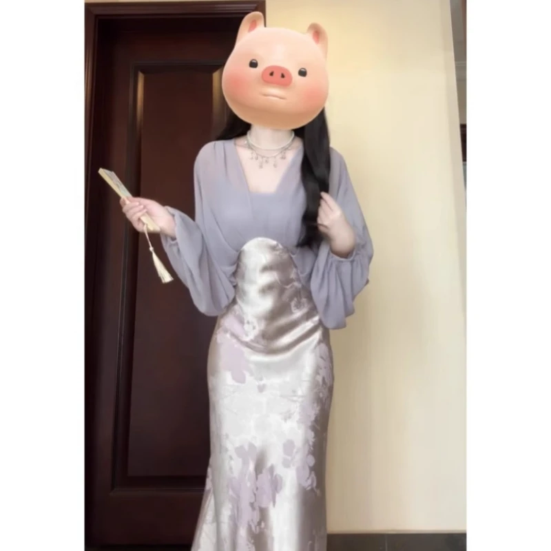 新中式国风2025夏假两件拼接提花缎面高腰斜裁长款连衣裙裙子811