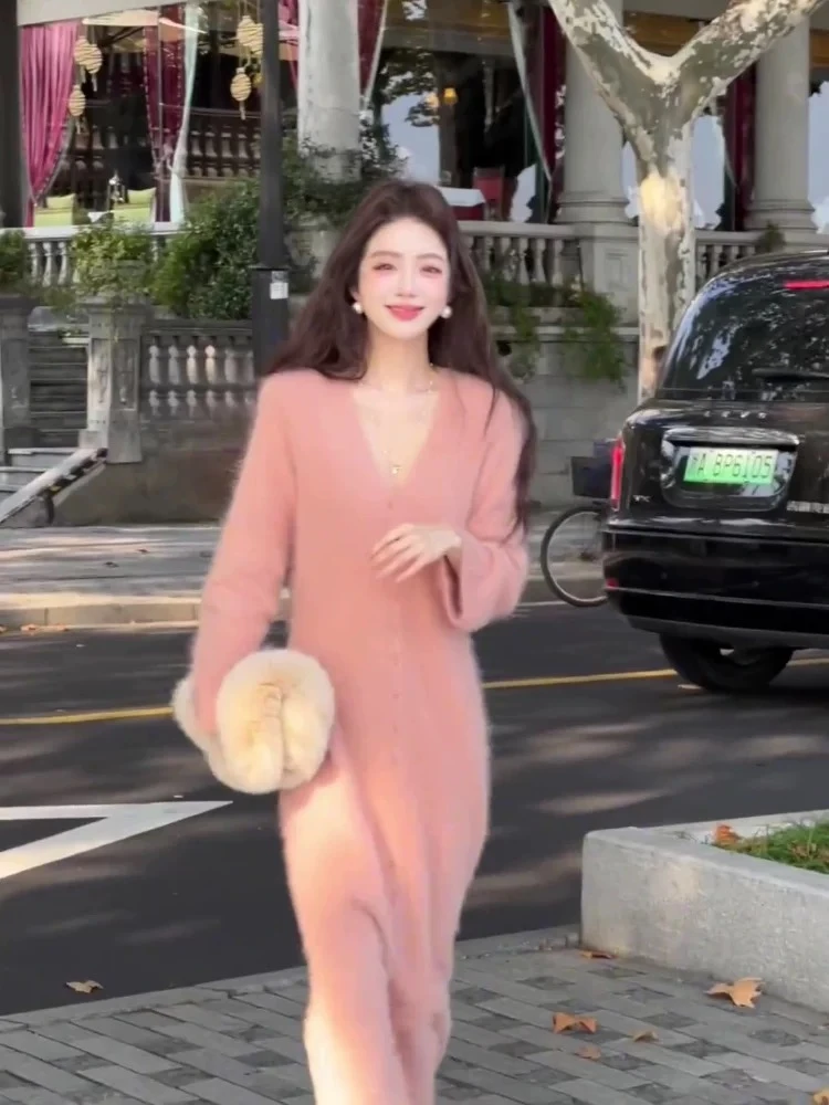 【KK专属】法式温柔毛衣连衣裙女秋冬季慵懒风气质水貂绒长裙