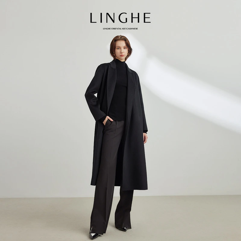 翎禾LINGHE-秋冬时尚气质宽松休闲长款开叉双面呢大衣外套