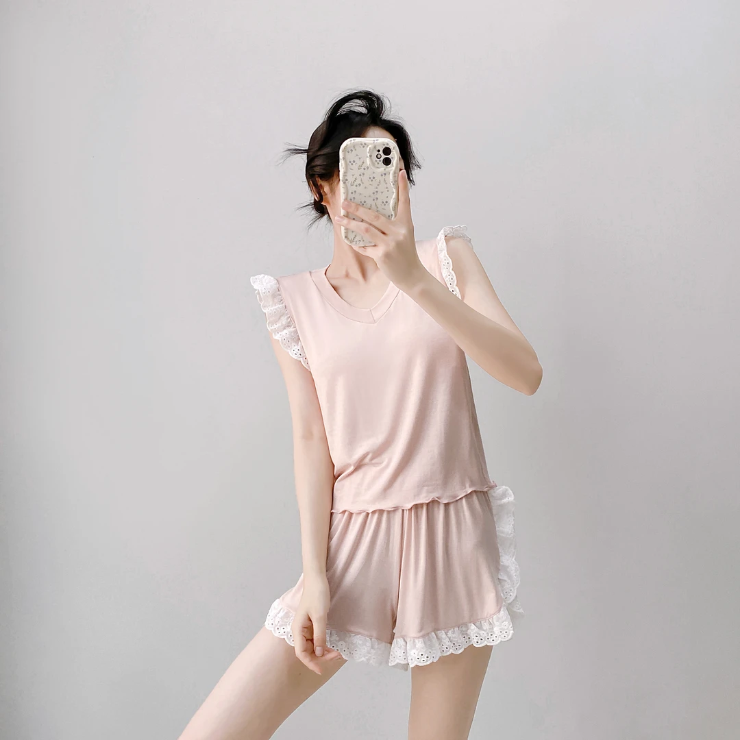 夏季莫代尔V领无袖设计感花边睡衣女带胸垫夏天甜美休闲薄款套装