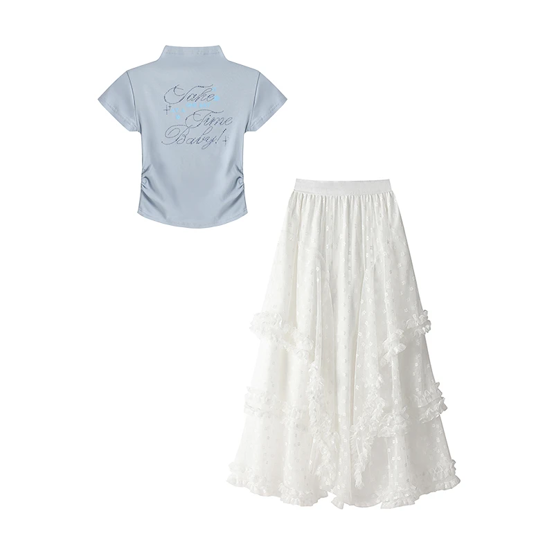 夏季穿搭一整套女新款设计感短袖T恤休闲蓬蓬长裙子两件套装2260