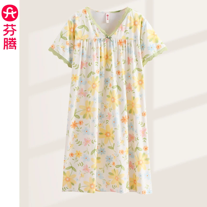 芬腾2025夏新款睡衣女短袖睡裙舒适带胸垫休闲薄款家居服