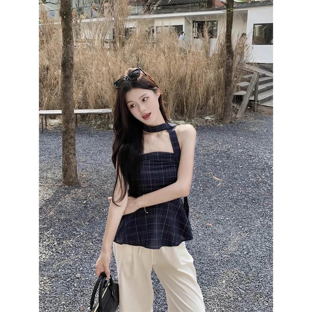 复古撞色格子抹胸背心女装夏季辣妹修身外穿短款露肩上衣小个子