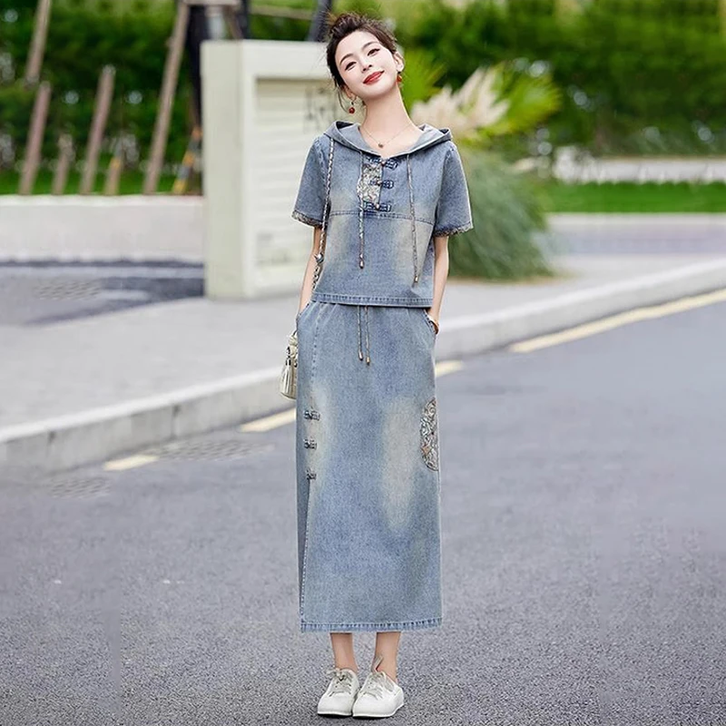 C316夏季新中式国风牛仔短袖连帽上衣开叉半身裙气质减龄两件套女