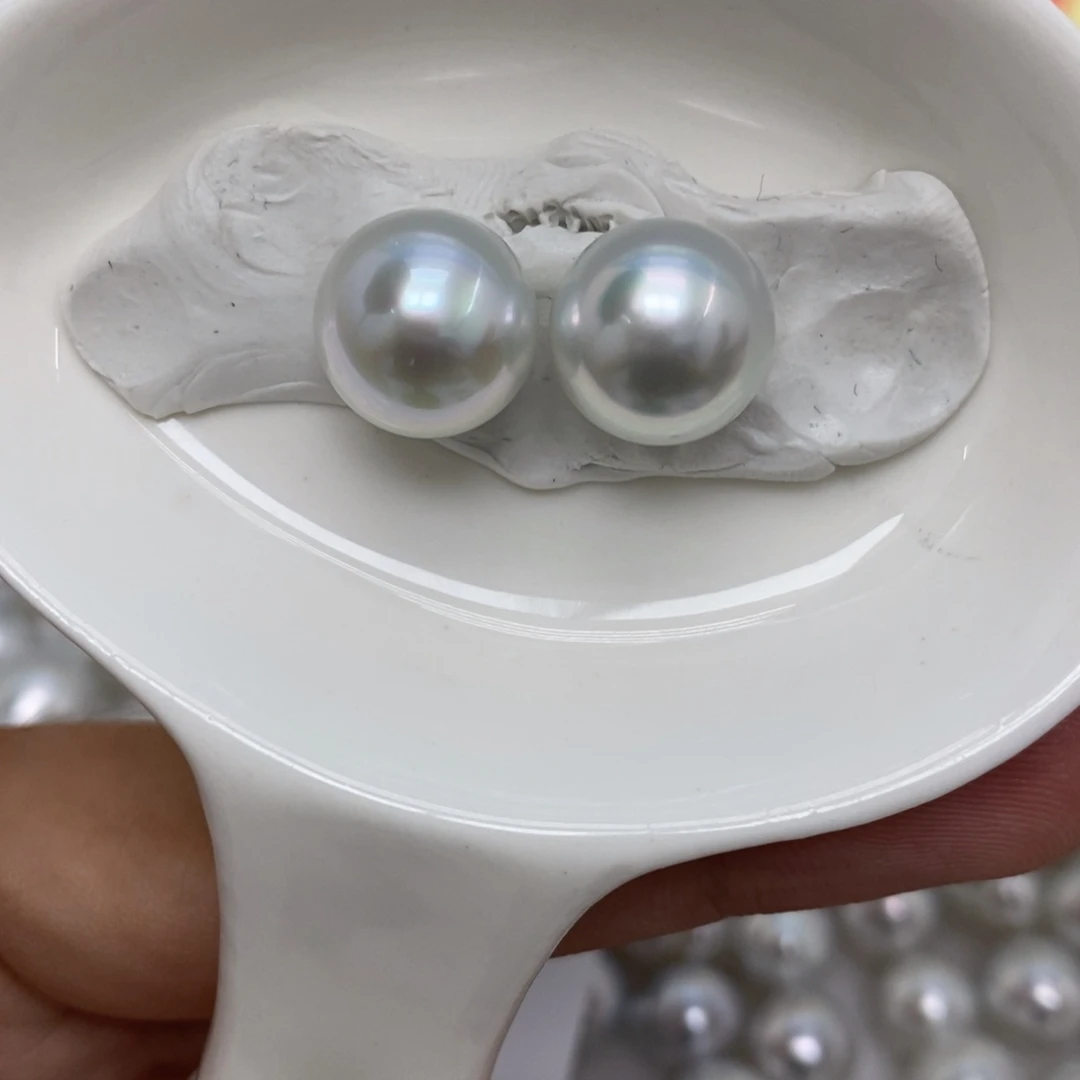 裸珠海水珍珠澳白银蓝对珠11.9～12.1