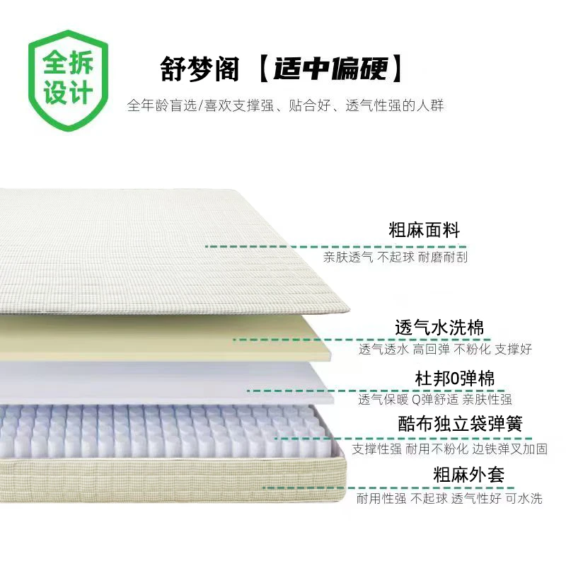 全拆式可水洗可调节粗麻面料独立袋装弹簧抗菌除螨软硬适中型床垫