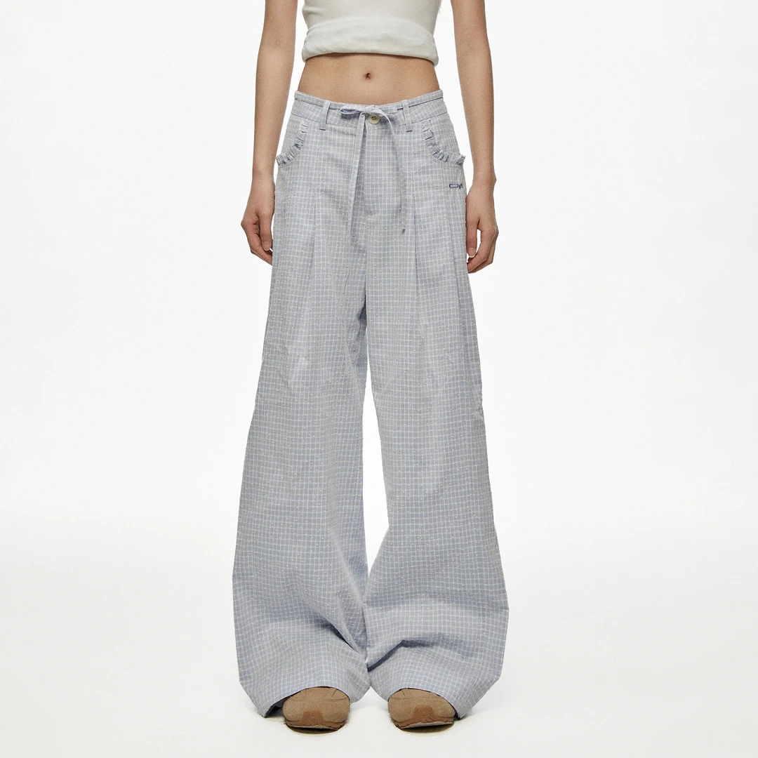 【达人专属】CyNi慵懒风宽松休闲高腰阔腿拖地熔点复纱格子裤休闲女