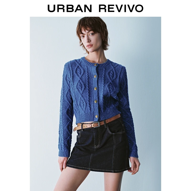 UR2025冬季新款女装休闲简约提花金属纽扣针织开衫UYU950134+