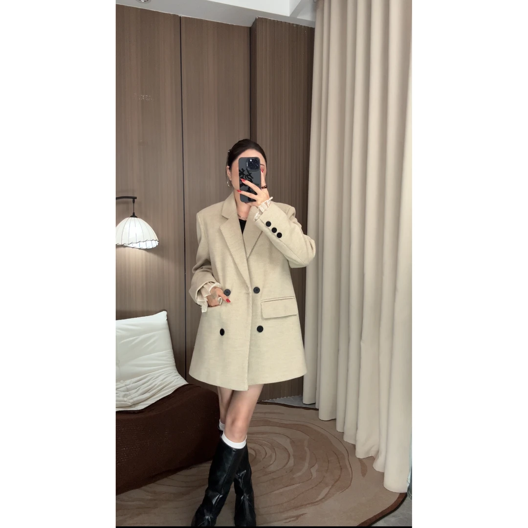 【靳老板】90白鸭绒2025秋冬季西装毛呢外套羽绒女廓形小西服