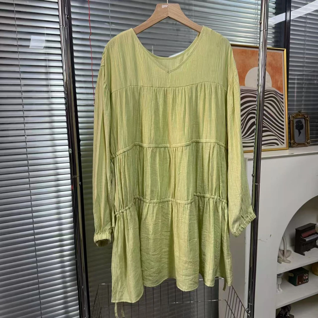 【外贸精品】7009 小清新纯色杨柳皱可抽绳v领 衬衫