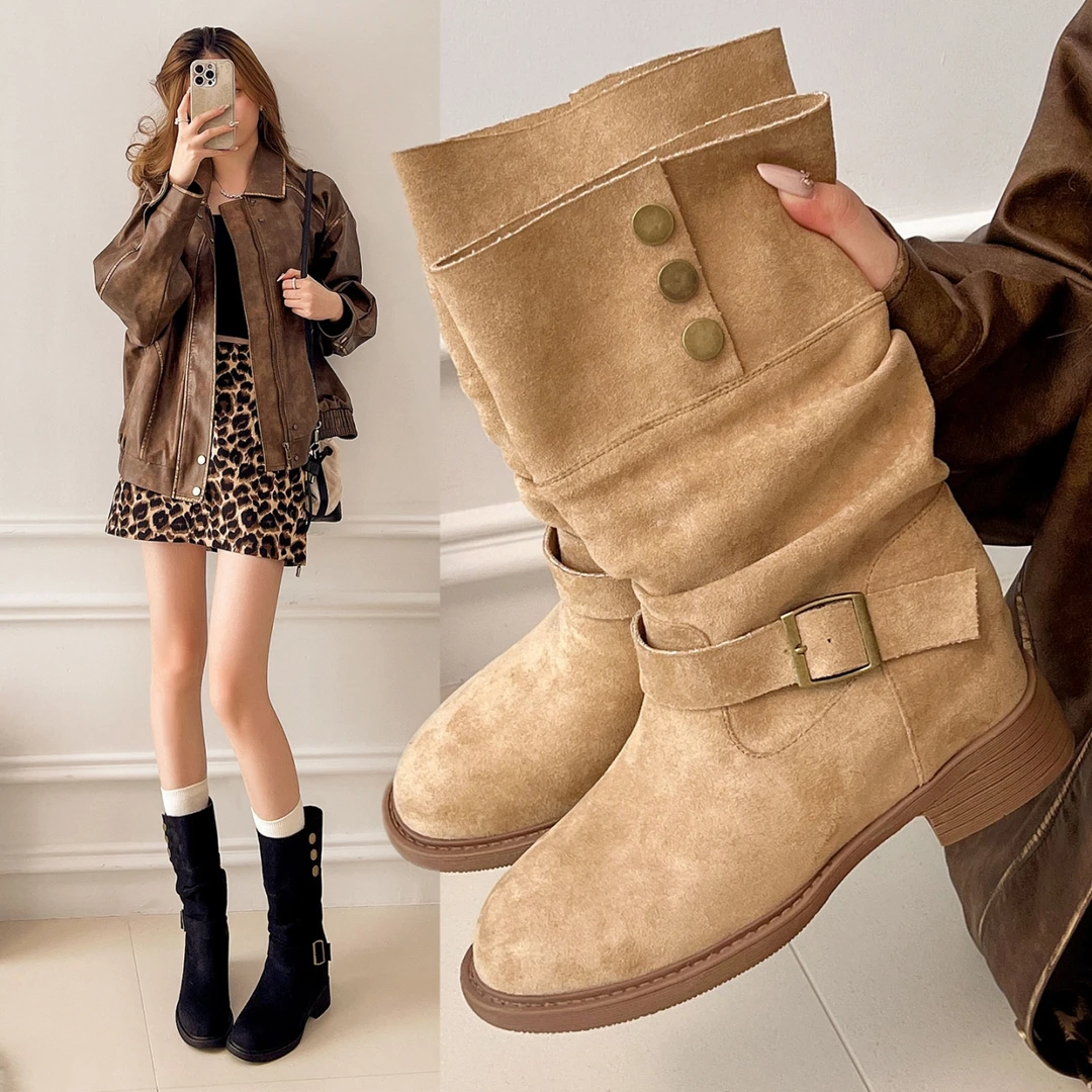 慵懒风短靴女2025新款秋款复古内增高平底休闲时尚堆堆靴中筒靴