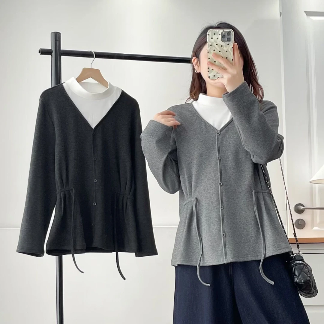 胖mm冬装新款半高领假两件T恤女收腰系带打底衫加绒上衣1061