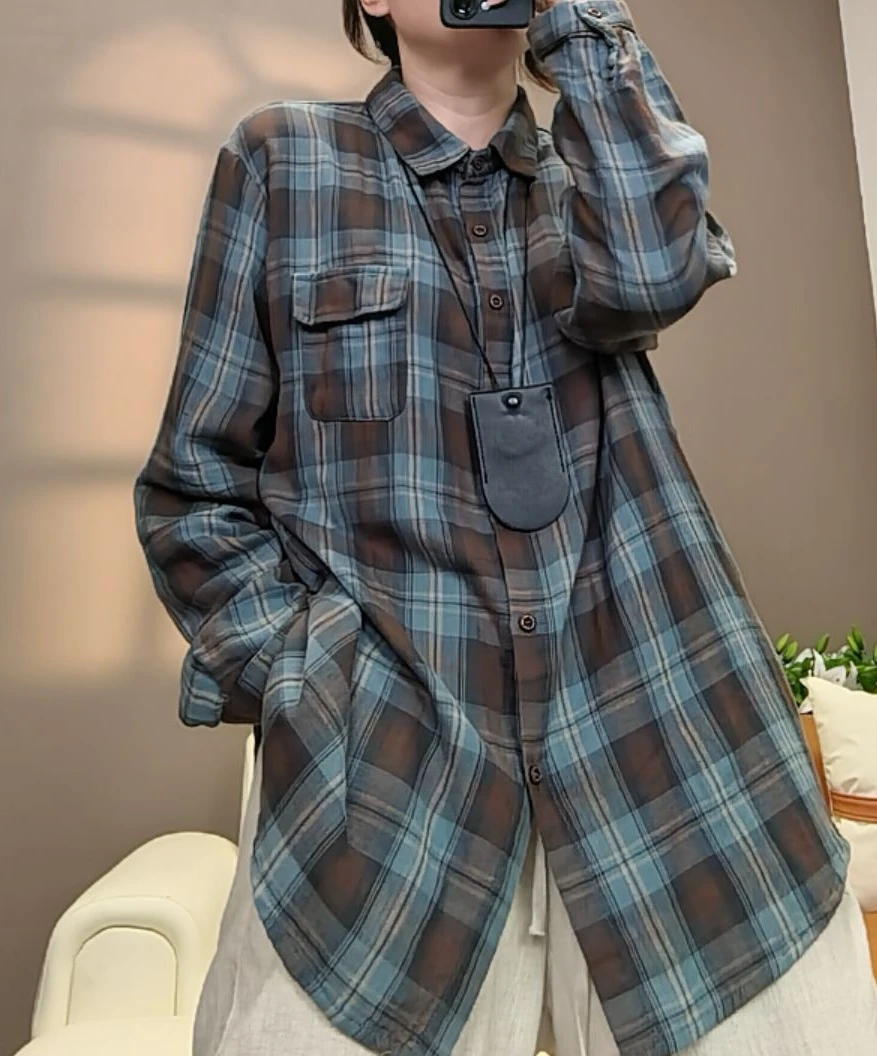 艾欣蕊胖mm大码 8652 (进口)双纱软糯亲肤经典百搭格子长袖衬衣