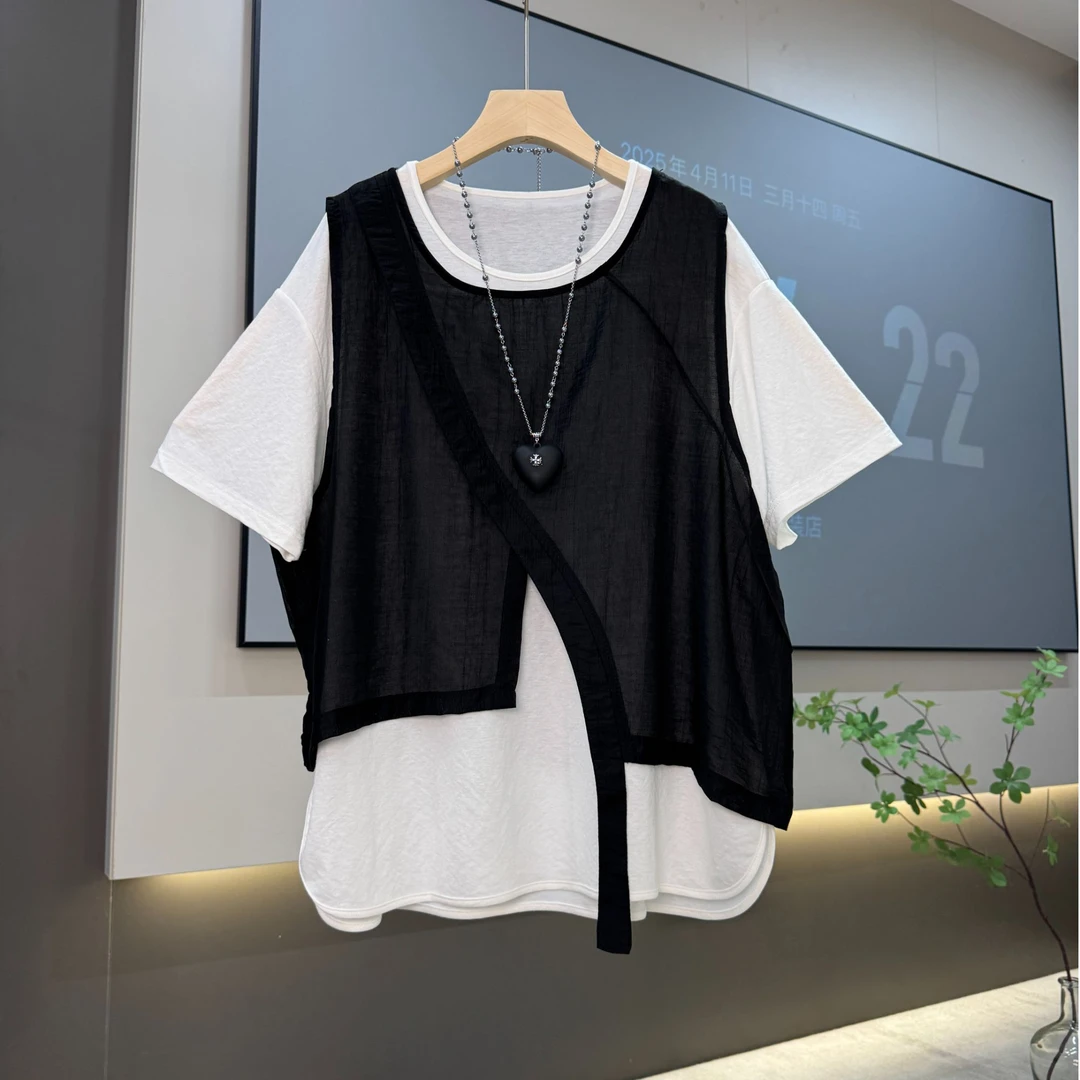 2025夏季新款高级感撞色两件套短袖上衣