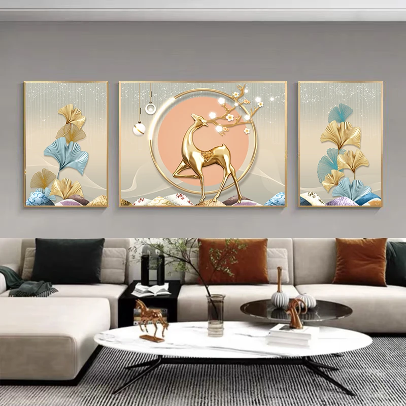 简约大气轻奢麋鹿客厅餐厅高档背景墙三联装饰画树花挂画高级感