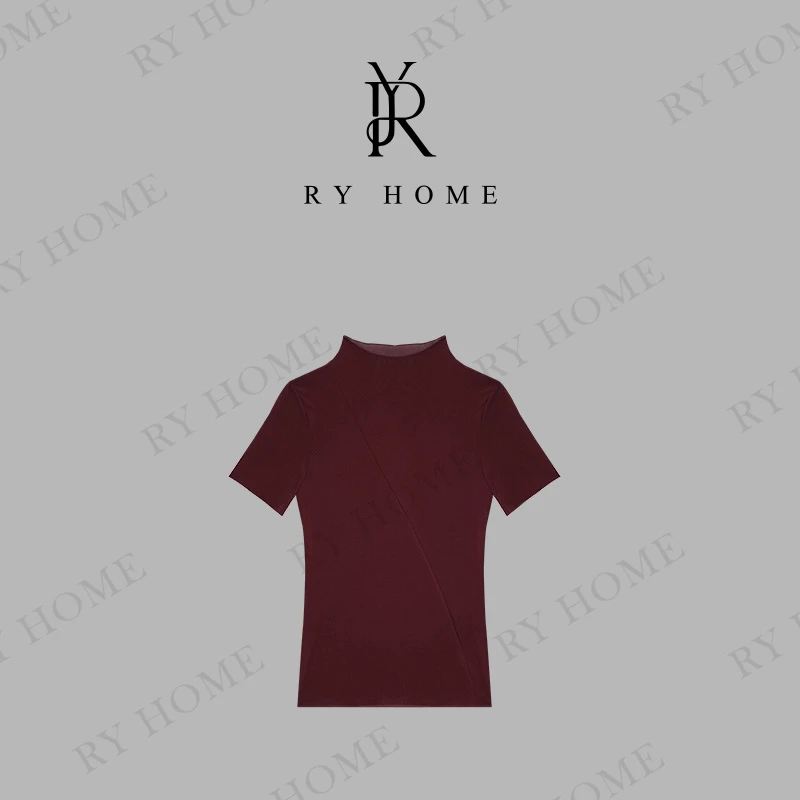 【容雨RYHOME】高弹网纱斜纹高领短袖T恤252T2069