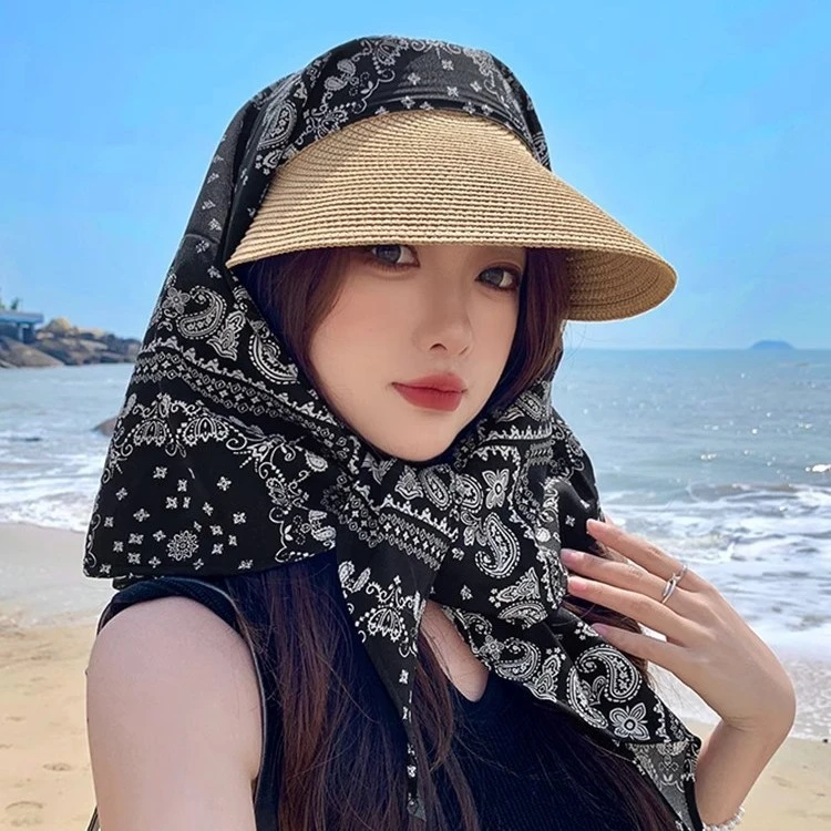 遮阳头巾太阳帽子女夏季海边度假风草编空顶帽防晒帽遮脸遮颈一体