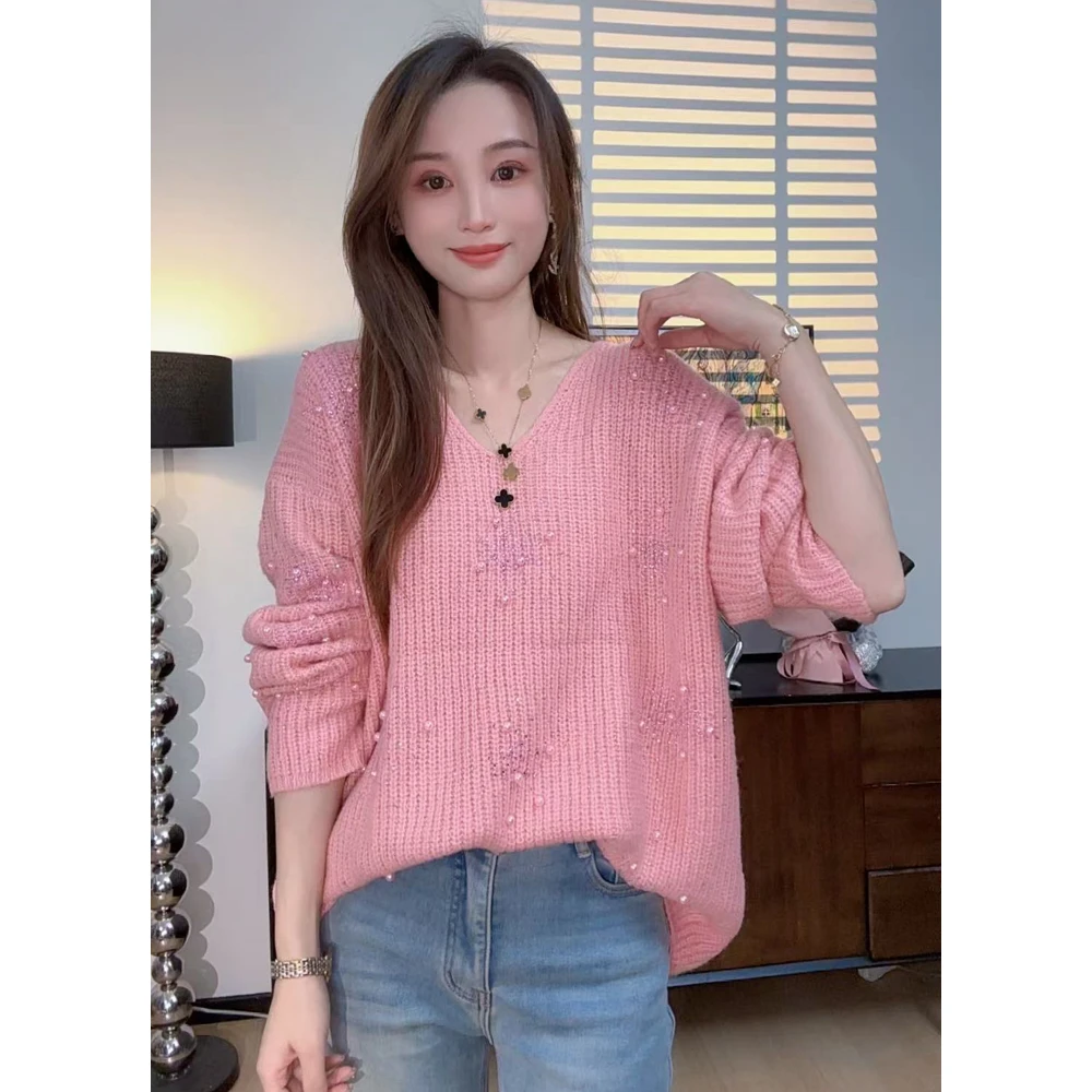 小众设计感烫钻钉珠洋气慵懒风气质毛衣学院风千金风时尚长袖607