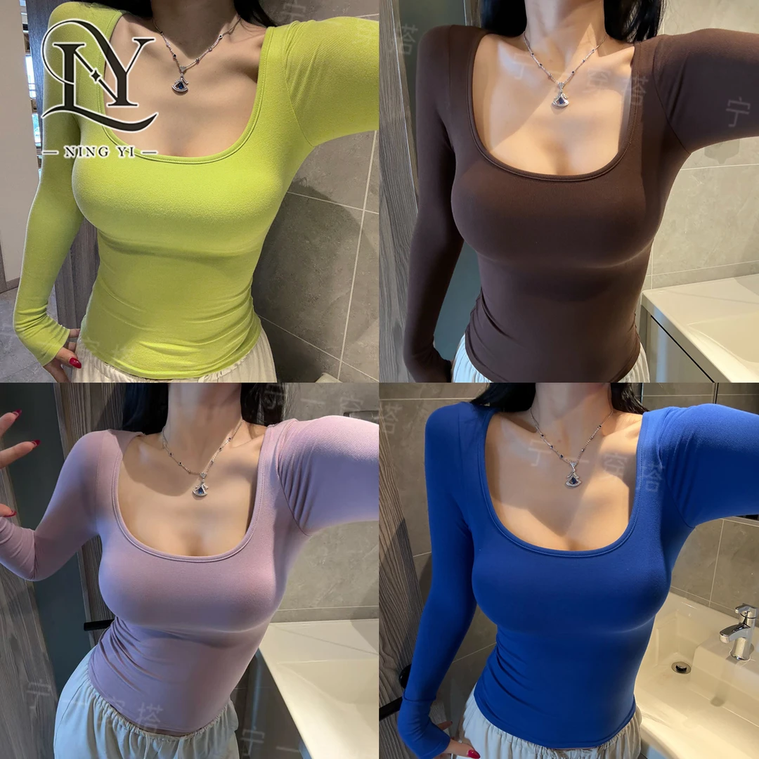A001 早秋新款U领T恤长袖女修身显瘦辣妹风上衣宁一带胸垫打底衫