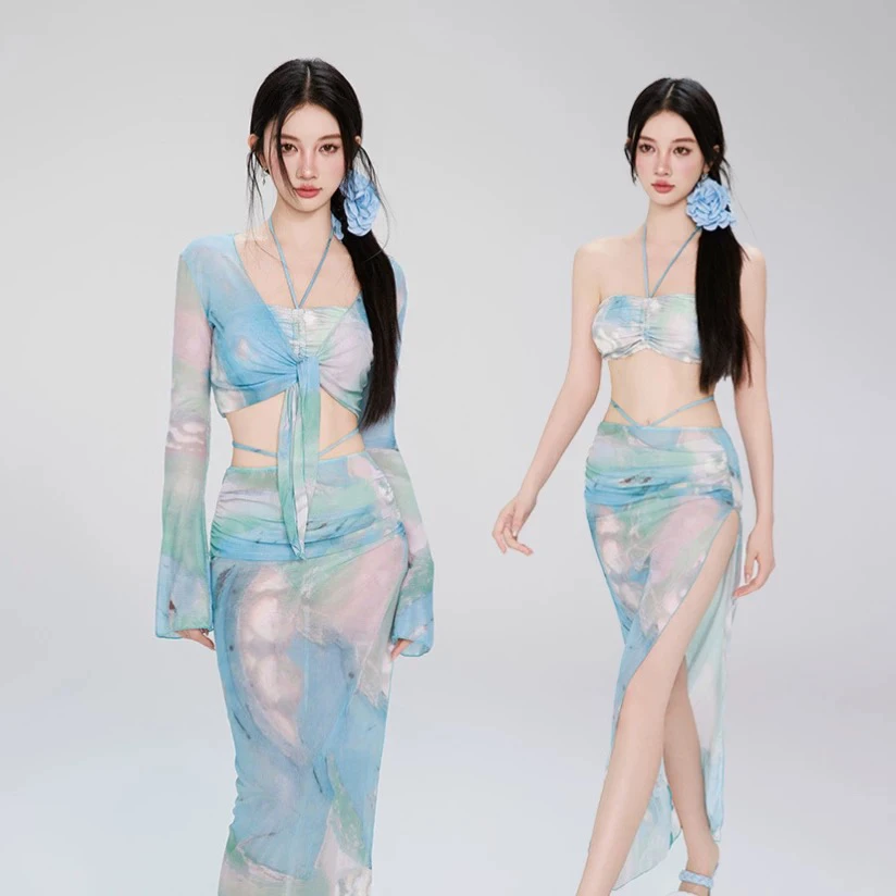 新款夏季长袖辣妹风四件套比基尼纯欲温泉度假性感沙滩泳衣女