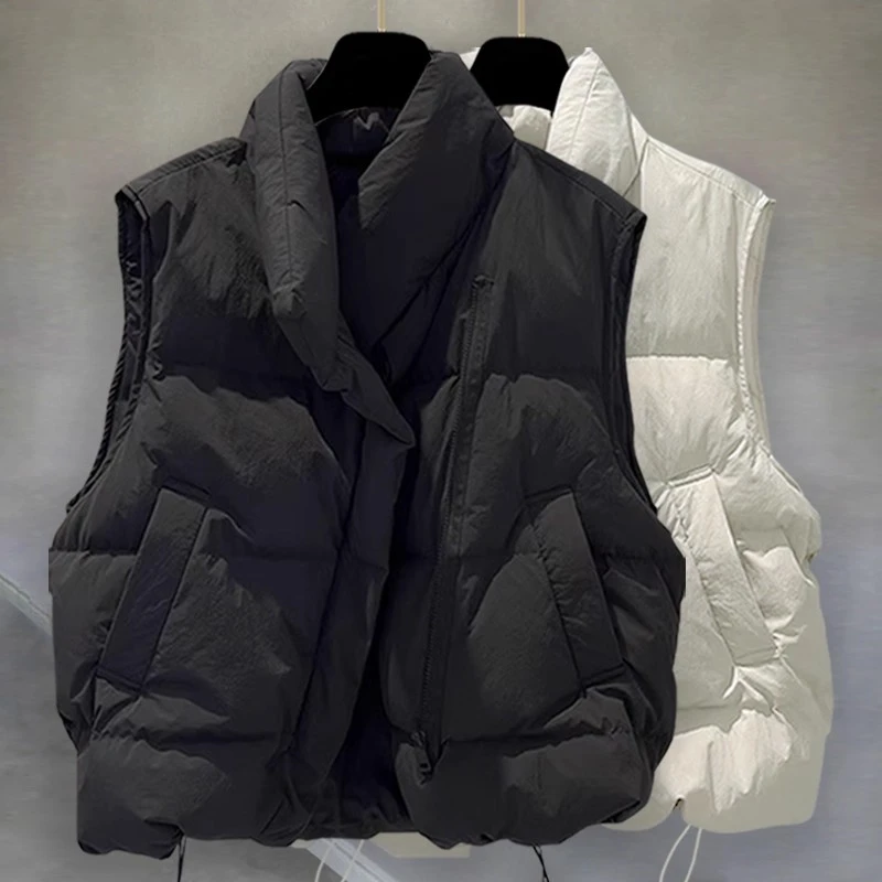 拉链立领棉马甲外套男冬季加厚潮流痞帅纯色不对称棉袄男女棉衣服
