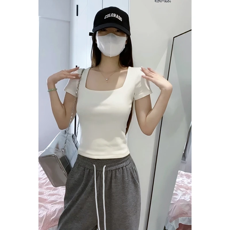 白色正肩方领短袖T恤女2025夏季新款露锁骨小众设计感打底衫上衣T
