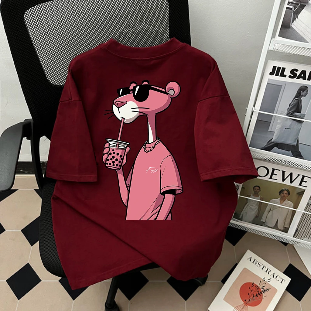 100%重磅潮牌美式卡通粉色豹新品宽松T恤圆领慵懒风可爱情侣上衣i