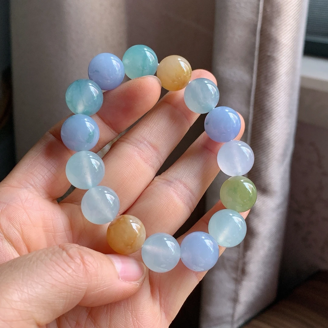 天然翡翠A货冰种多宝圆珠可做手串珠卡12+色系丰富女款时尚缅料