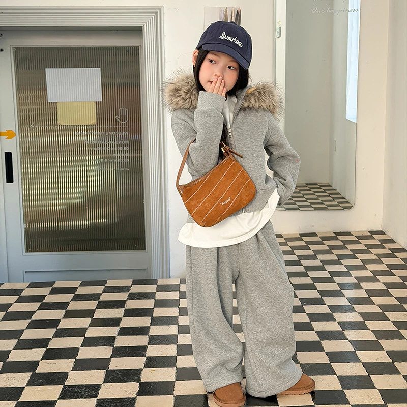 【可拆卸毛领】女童冬一衣两穿350g斯密绒时髦毛领卫衣套装25M048