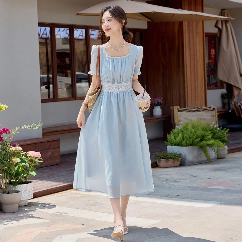 后妈新款爆款复古拼接千金清冷感贵系衣服气质收腰连衣裙洋气小众