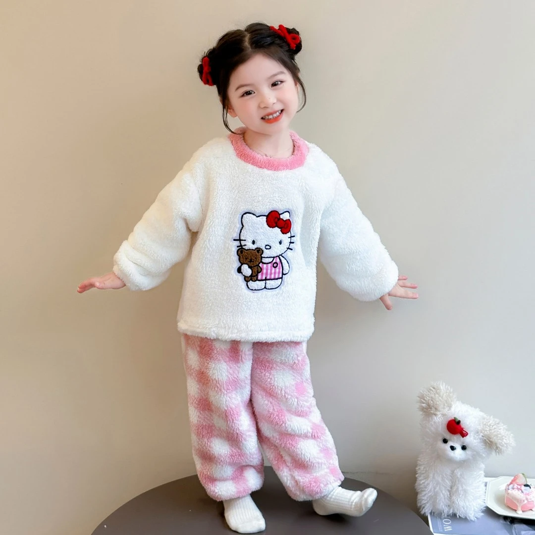 女童家居服秋冬款2025新款儿童珊瑚绒睡衣洋气女宝宝卡通保暖套装