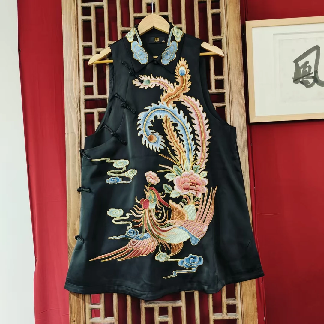 （LS763-6）凤徕兮私人定制黑色光板底彩凤刺绣翻领中长款马夹