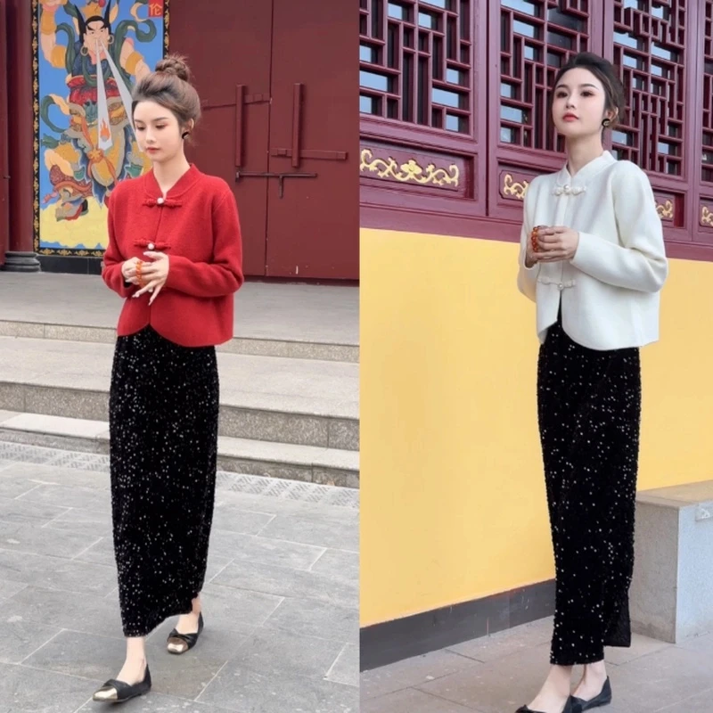 新中式国风百搭减龄针织毛衣珍珠盘扣小香风上衣+亮闪闪半身裙