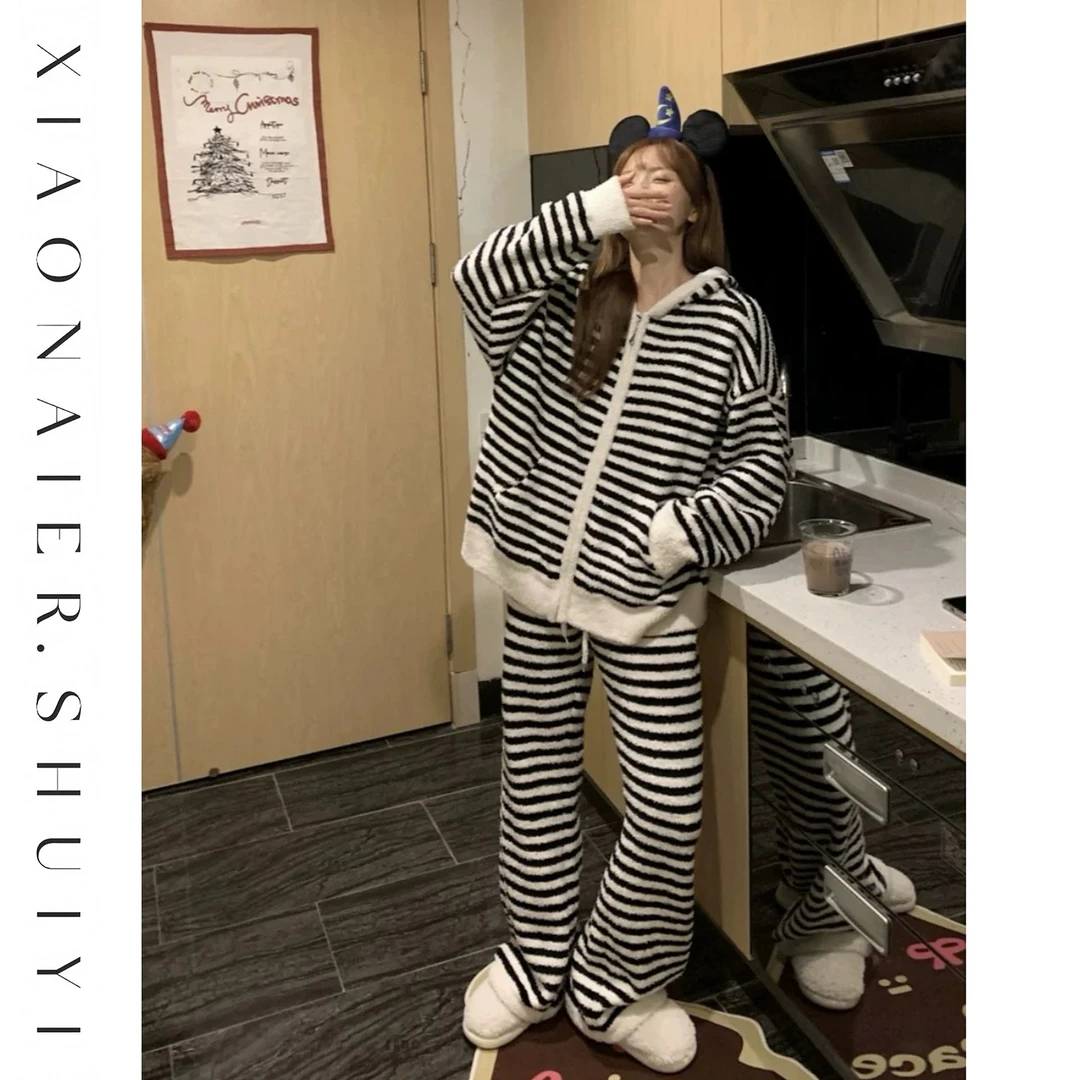 【奶纹趣眠】秋冬半边绒长袖长裤显瘦高级气质可外穿套装