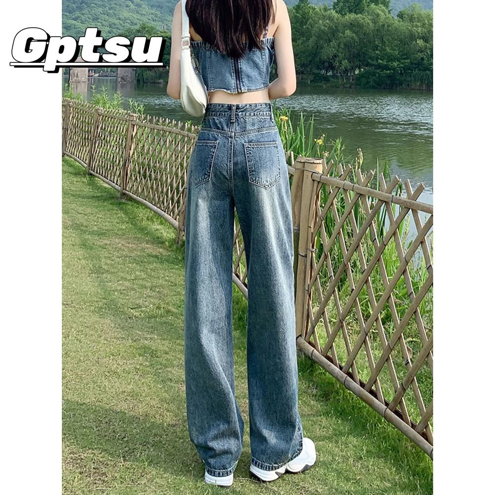 GPTSu薄款显瘦牛仔裤女性夏季新小高腰垂阔腿裤宽松直腿拖地裤