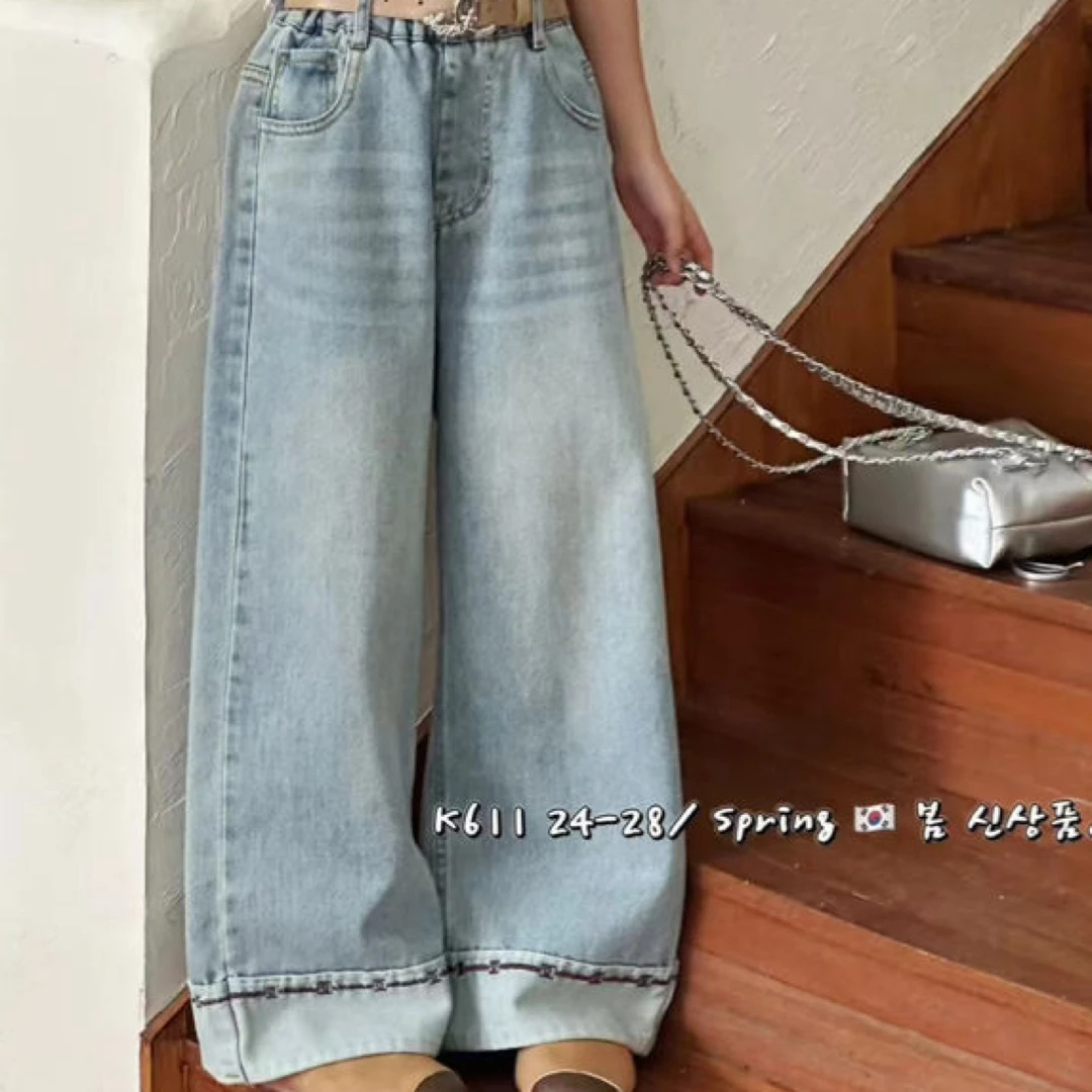 直筒牛仔裤女长裤蓝色裤子秋季水洗时尚中腰