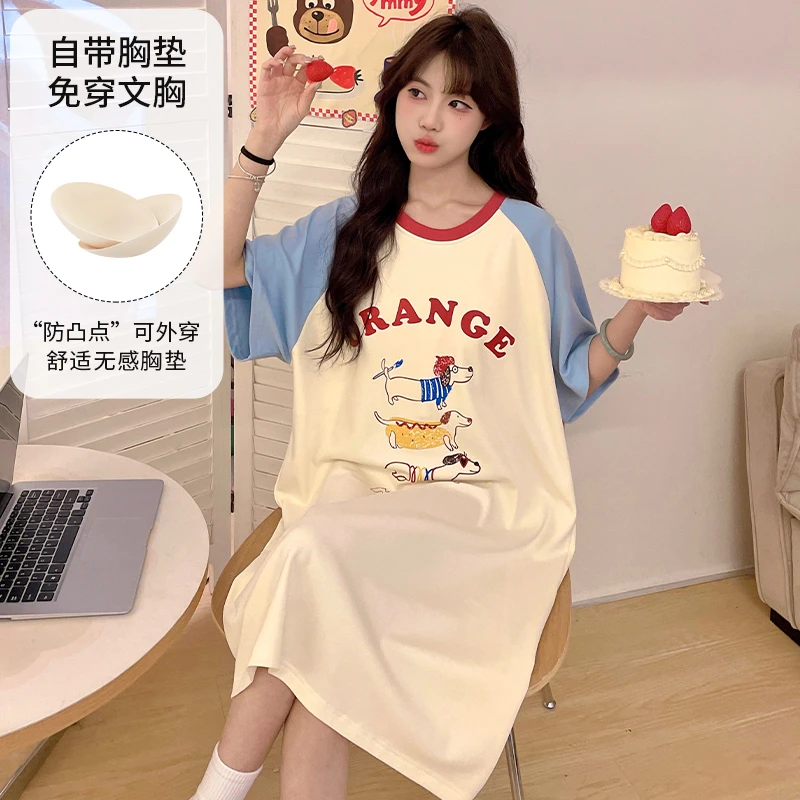自带胸垫睡裙女夏季2025新款大码短袖卡通可爱孕妇女士睡衣女夏天