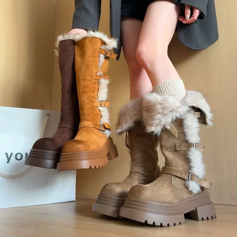 厚底百搭时尚毛毛长筒靴女款2025新冬季加绒保暖显瘦雪地靴时装靴