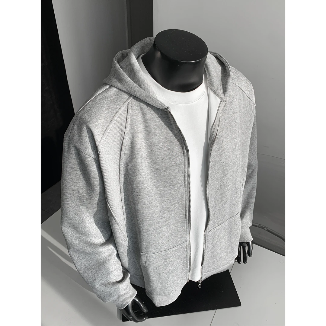 灰色cleanfit解构重磅开衫连帽卫衣男春秋美式复古潮牌高级感外套