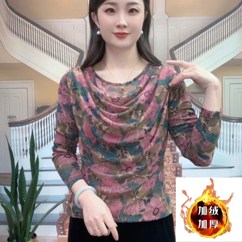 堆堆领印花不起球加厚常规圆领T恤加绒秋冬长袖女士打底衫036