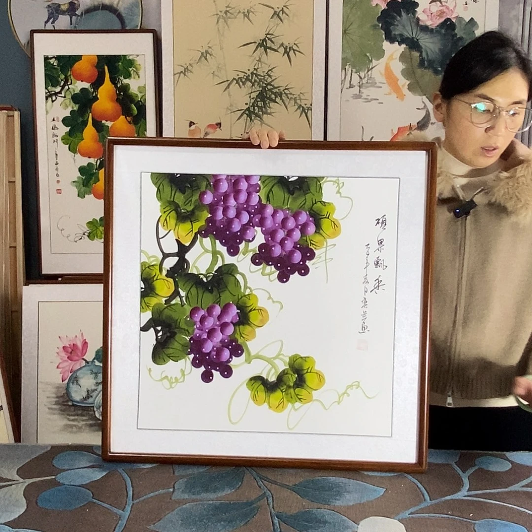 国画手写手绘国画作品带框包邮62✖️62