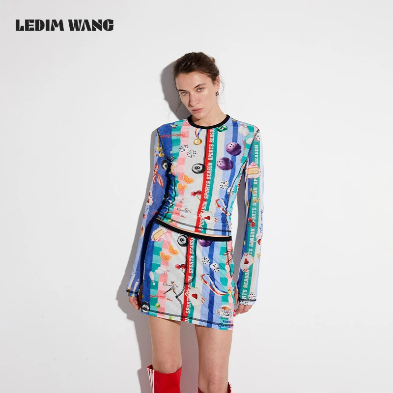 LEDIM WANG【白标系列】印花长袖T恤女夏2025新款透气网眼上衣