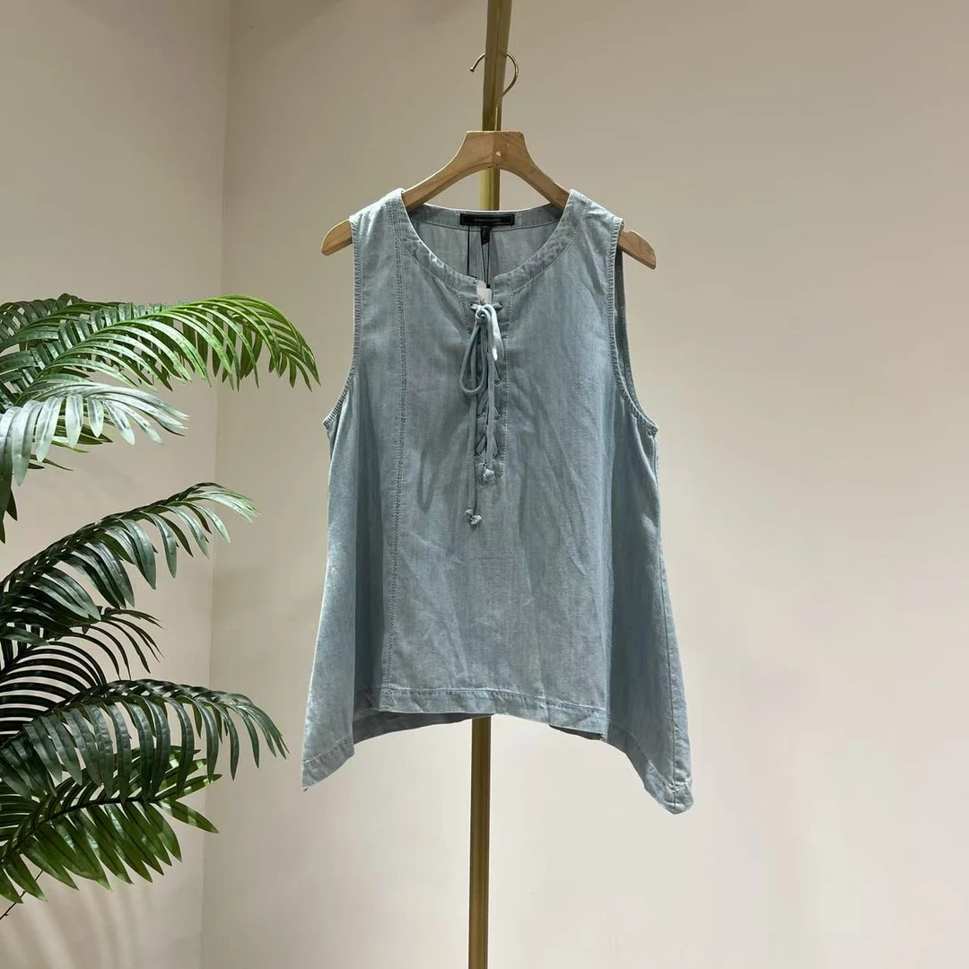 D2991夏季V领系带背心无袖衬衫女2025新款设计感宽松显瘦别致上衣