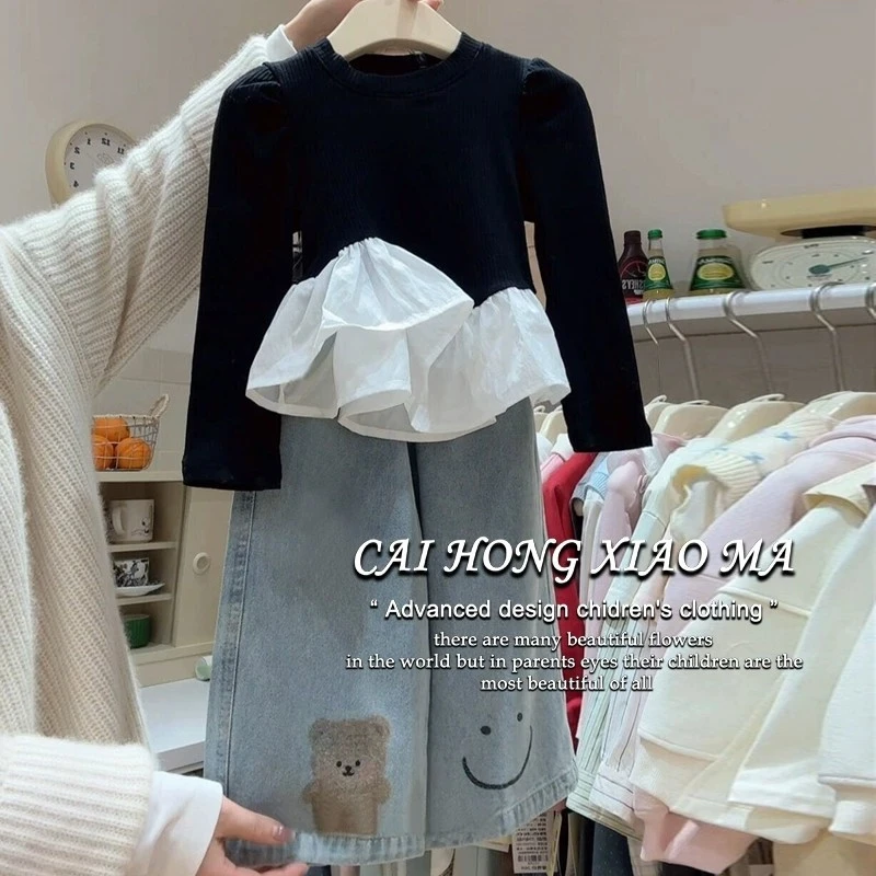 韩版童装2025春季款女童套装儿童洋气时髦拼接长袖上衣卡通牛仔裤