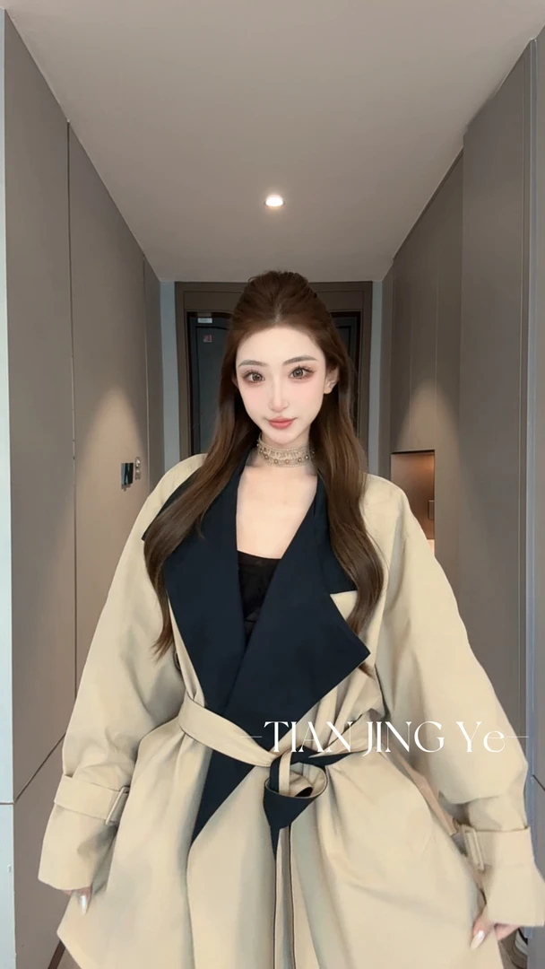 JINGYE/25~秋季新款时尚百搭显瘦宽松拼色翻领长袖风衣外套